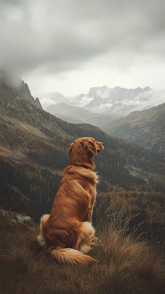 A golden retriever sits on a grassy hilltop, gazing out at a distant, snow-capped mountain range. The sky is overcast with a hazy layer of clouds, and the surrounding landscape is a mix of green forests and brown hills. The dog's silhouette is highlighted against the vastness of the scene, creating a sense of peace and tranquility.