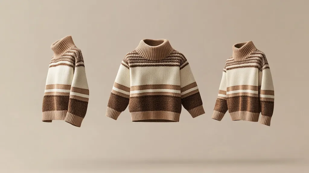 Three brown and white striped sweaters are shown against a beige background.  The sweaters are all the same style and have a turtleneck collar. They are shown from different angles. The sweaters have a cozy, wintery feel.  They appear to be made of a soft, knit fabric.  The sweaters are a stylish and versatile piece of clothing that can be dressed up or down.