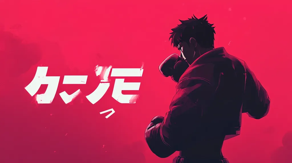 A silhouette of a boxer wearing boxing gloves, facing away from the viewer, stands in front of a bright pink background. The word "カンビ" is written in white on the background.  The image has a retro, 80s anime aesthetic.