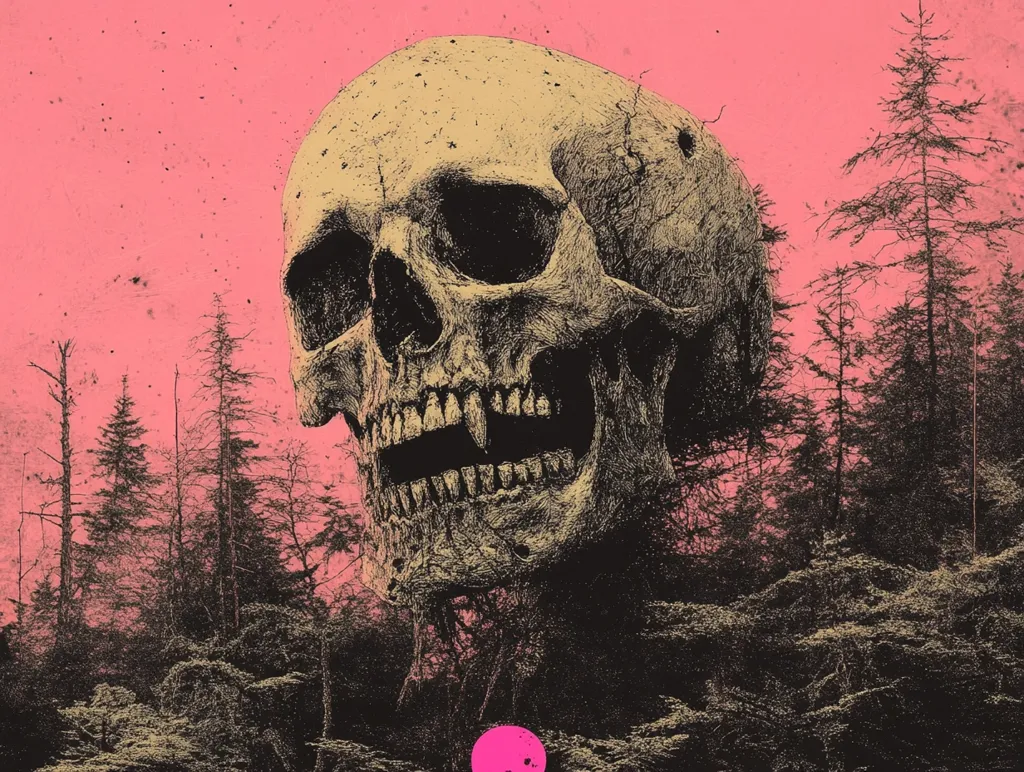 A large, detailed skull, drawn in a graphic style, dominates the image. The skull is partially obscured by a forest of tall, dark trees. The background is a bright, pink color, giving the image a surreal, dreamlike quality. The image evokes a sense of mystery and the macabre.  A small pink circle at the bottom of the image is a subtle detail.