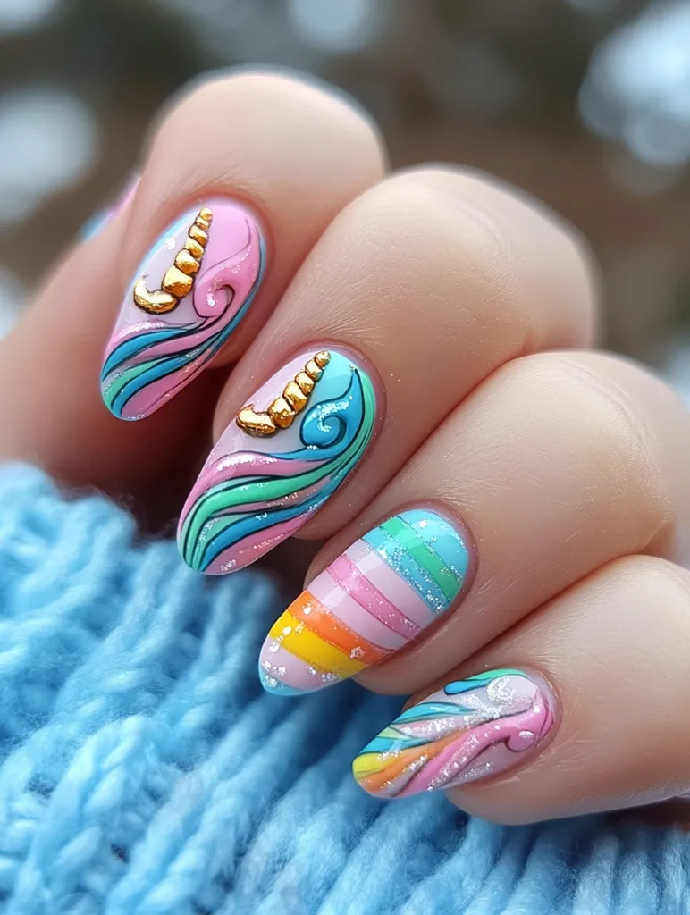 A hand with long, almond-shaped nails is adorned with a unicorn-themed nail art design. The nails feature a swirl pattern in shades of pink, blue, and green, with gold glitter accents. One nail has a rainbow stripe design. The hand is resting on a soft blue knitted fabric.