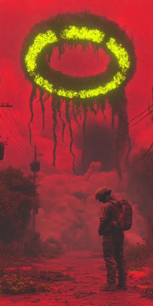 The image depicts a mysterious and eerie scene. A large, glowing, circular object resembling a ring of foliage hangs in the air, emitting long tendrils that reach towards the ground. A solitary figure, wearing a helmet and backpack, stands on a path in the foreground. The atmosphere is filled with a thick, crimson mist that engulfs the surrounding vegetation, creating a sense of foreboding. The overall mood is unsettling and suggestive of an unknown threat lurking in the distance.