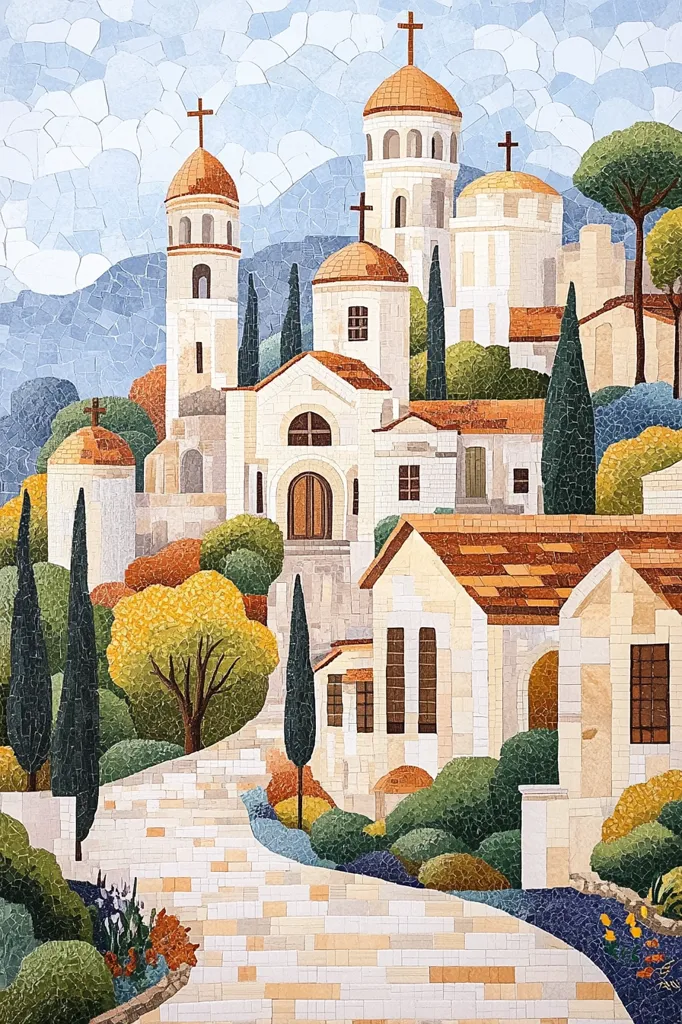 The mosaic depicts a picturesque Mediterranean village with whitewashed buildings, terracotta roofs, and cypress trees. A winding stone path leads towards a group of churches with crosses atop their domes. Lush foliage surrounds the buildings, creating a serene and tranquil atmosphere. The image is reminiscent of a classic Italian or Greek village, with a focus on architecture, nature, and spirituality.