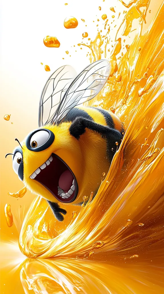 A cartoon bee with a large, toothy grin is surfing on a wave of honey. The bee is yellow and black with large, expressive eyes. The honey wave is splashing and swirling around the bee, creating a dynamic and colorful image. The background is a white gradient, highlighting the bee and honey wave.