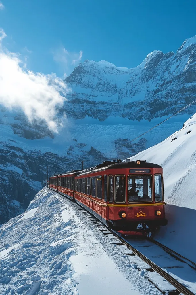 A red train travels along a track carved into a snow-covered mountainside. The train is made up of multiple carriages and is in focus, while the snow-capped mountains in the background blur into a hazy blue. The sky is a vibrant blue, contrasting with the white snow and the red train. The scene evokes a sense of adventure and tranquility in the midst of nature's grandeur.