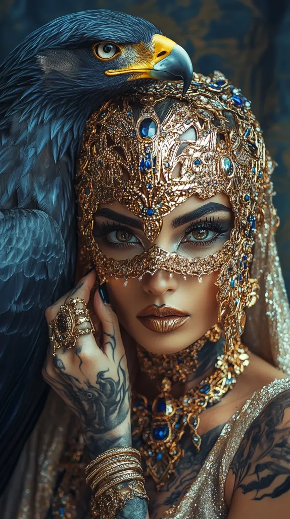 A woman with dark, dramatic makeup and a golden mask is adorned in lavish jewels. She wears a gold and blue headdress with intricate detail, and a large blue and gold necklace. A black eagle with yellow eyes perches on her shoulder. The woman's hand is resting on her cheek, revealing a black tattoo.  The backdrop is a shimmering, blue and gold fabric, creating a regal and exotic feel.