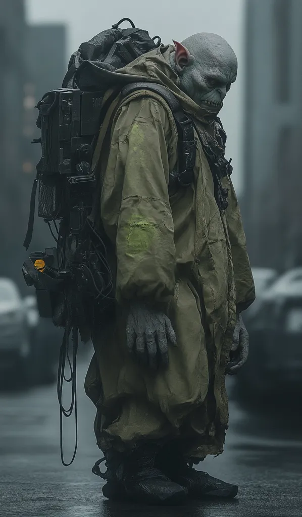 A creature with pointed ears and a pale, wrinkled face is wearing a  heavy, green protective suit and a large, black backpack. It has a menacing expression and is standing in a wet, urban environment. The creature's appearance suggests a post-apocalyptic or dystopian setting. The overall tone is dark and ominous.
