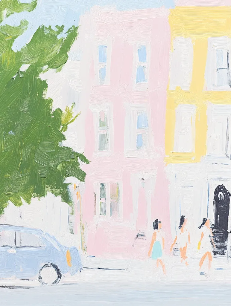 A painting of a street scene with a pink and yellow house, a blue car and three women walking. The painting is done in a loose, impressionistic style with visible brushstrokes. The background is a soft blue with a green tree on the left.  The overall tone is cheerful and light.  The painting creates a sense of peacefulness and tranquility.
