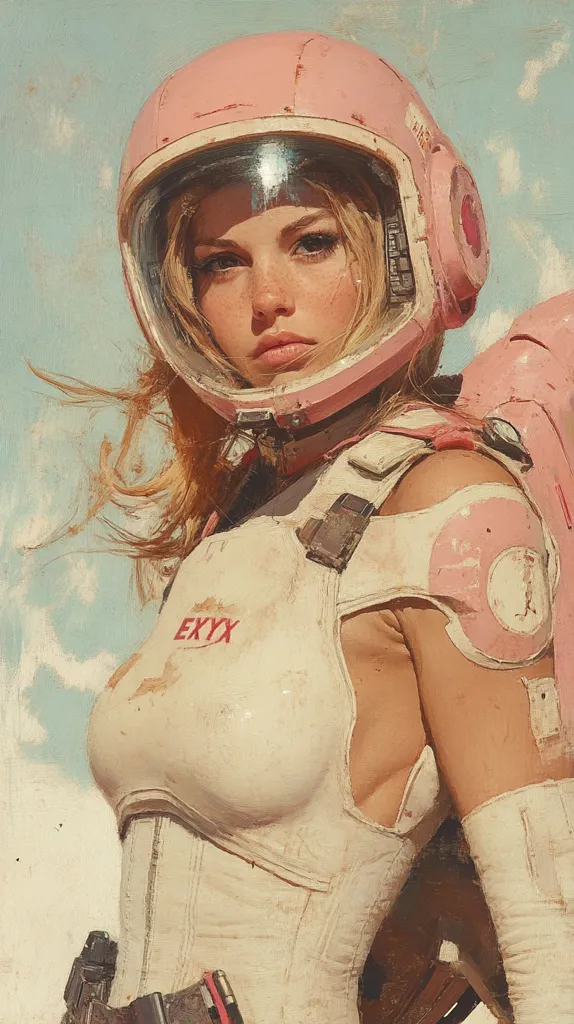 The image depicts a woman in a pink astronaut helmet with a white, worn spacesuit. Her blonde hair flows around her face and shoulders.  She wears a white undersuit and the suit features a patch with the word "EXYX"  She appears to be looking off to the side with a determined expression.  The background is a hazy sky with clouds.  The image has a vintage, almost faded aesthetic.