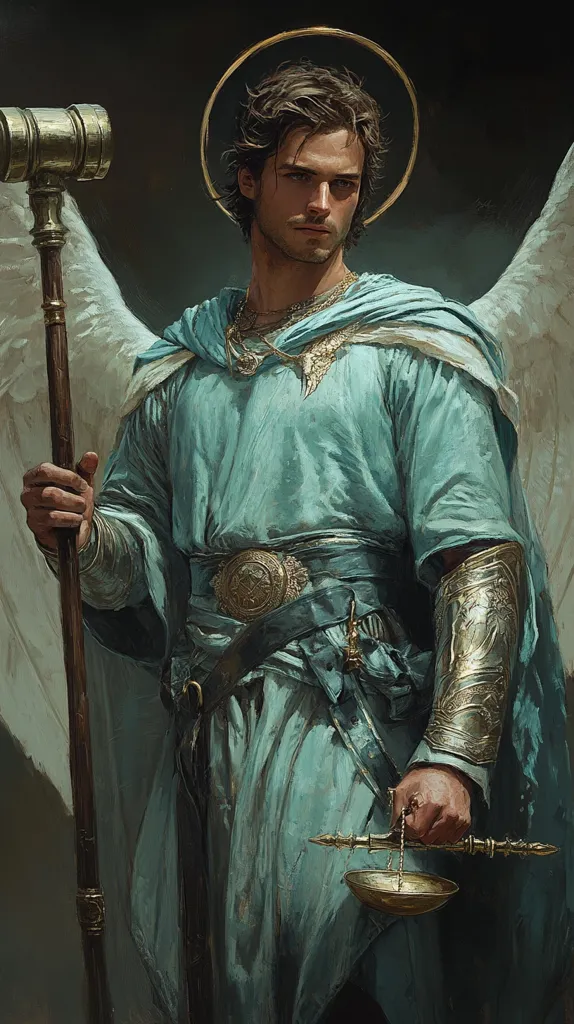 The image depicts a male angel, with a halo above his head, standing against a dark background. He is holding a staff in his left hand and a scale in his right. He is wearing a light blue robe adorned with gold accents, and has an air of solemnity and authority. The image is likely a depiction of an angel of justice or judgment.