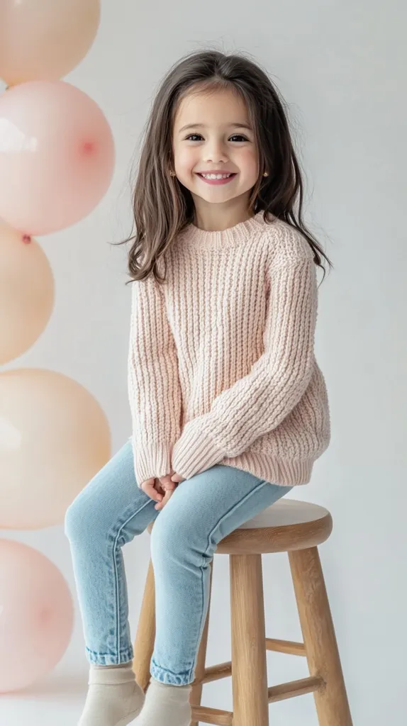 Cute children's knitted sweater Cashmere light pink , light pink in color, frontal view of the garment, cute little girl model wearing it, full-body shot, white background, high-definition photography The child model is wearing Cashmere light pink beige leggings underneath and has a smiling face, shown in a front-facing photograph modern fashion photo of cute little Spanish middle eastern girl site on wooden stool ,dark hair model wearing a top and denim pants wooden stool, pastel colors, professional lightning, simple background with balloons --ar 9:16