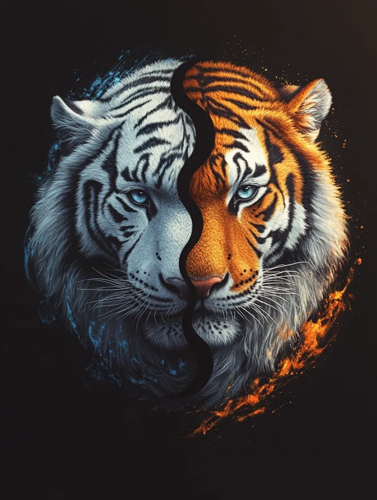 A close-up portrait of a tiger split in half, with the left side being a white tiger with blue-tinged fur and the right side being an orange tiger with orange-tinged fur. Both sides have sharp, focused eyes and detailed fur. The background is black, with a hint of blue and orange paint splatter around the tiger.  The image suggests a duality or a clash of contrasting forces.