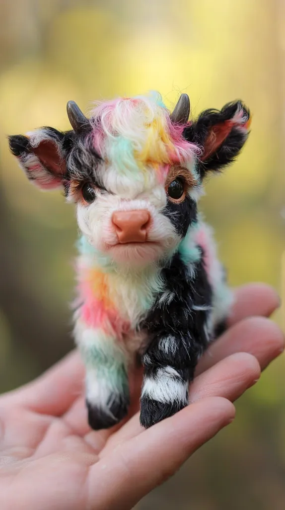 A small, fluffy, handmade calf with rainbow-colored fur is held in an outstretched hand. The calf has black and white markings and large, brown eyes. It has a soft, fuzzy texture and a sweet expression. The calf is sitting in the palm of the hand, and its hooves are visible. The background is a blurry green and yellow, giving a feeling of nature.