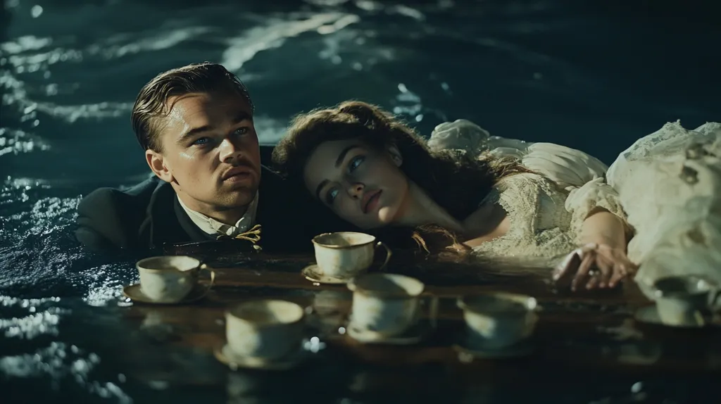The image shows a man and a woman submerged in water, holding onto a wooden table with a spread of teacups. The man is wearing a dark suit and a bow tie, while the woman is in a white dress. The scene is dark and mysterious, with the water swirling around them. The image evokes a sense of tragedy and loss.