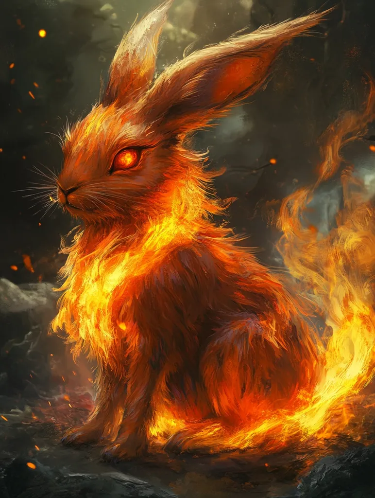 A fiery rabbit, engulfed in flames, sits on a rocky surface. Its fur is ablaze with orange and yellow flames, and its eyes glow red with intensity. The background is a hazy blur of darkness and fire, adding to the creature's mythical and powerful aura. The image is a captivating blend of fantasy and realism, suggesting a creature of both beauty and danger.