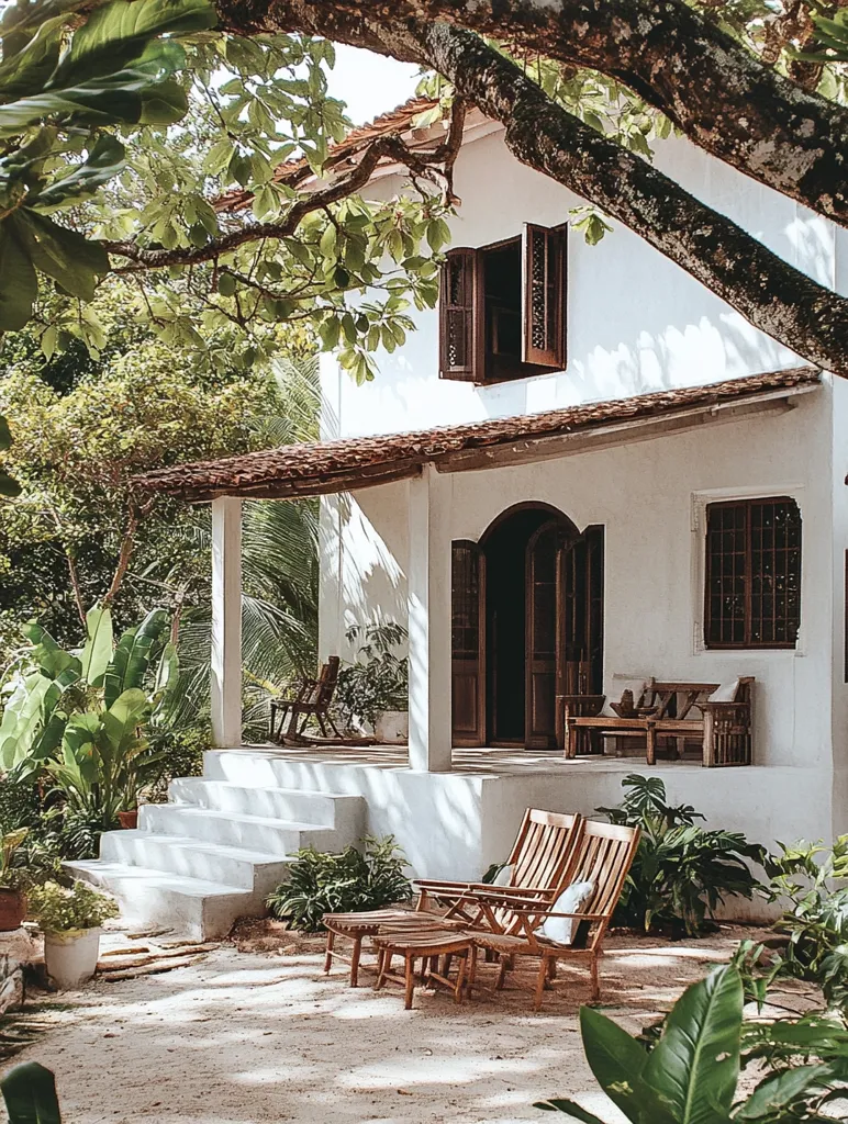 A whitewashed house with a covered porch sits nestled amongst lush greenery. The porch features wooden furniture and a white staircase leading down to a sandy ground. The house has large windows and a wooden door, with a tree branch extending from the roof to provide shade. The image captures a serene and tropical atmosphere.