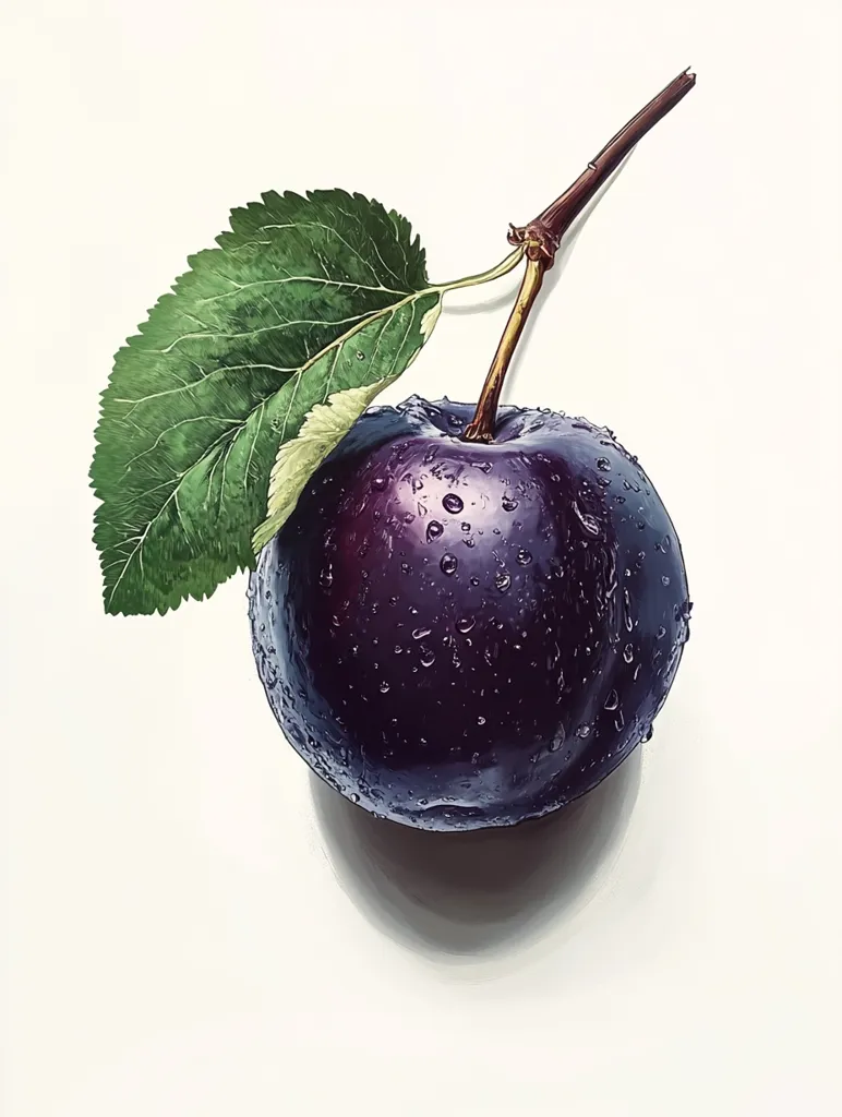 A single, dark purple plum with a dewdrop-covered skin sits on a white background. A green leaf with a brown stem is attached to the top of the plum. The plum casts a dark shadow. The image captures the beauty of simple nature in a still life.