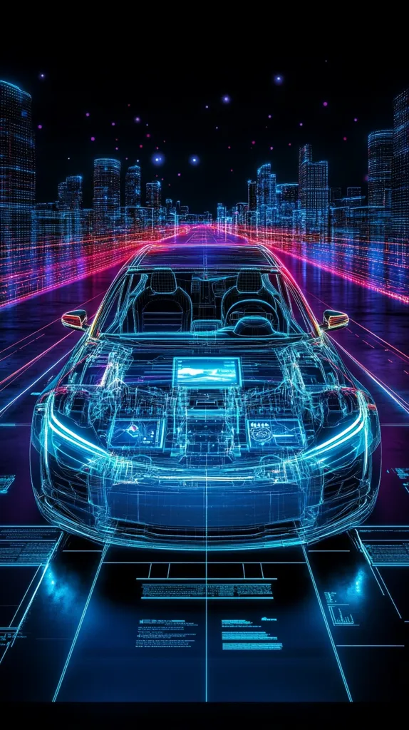 The image depicts a futuristic, transparent car driving through a city at night. The car is rendered in a blue wireframe, its internal workings visible, while the city is made of pixelated, neon-lit buildings. The scene is bathed in blue and pink hues, creating a sense of mystery and technological advancement. The car appears to be floating on a digital platform, suggesting a world where technology seamlessly integrates with transportation.