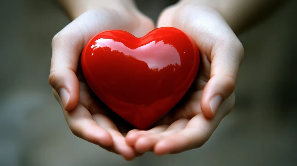 Two hands are cupped together, gently holding a bright red heart-shaped object. The heart is smooth and glossy, reflecting light. The hands are pale and soft, suggesting care and tenderness. The image evokes feelings of love, compassion, and generosity.