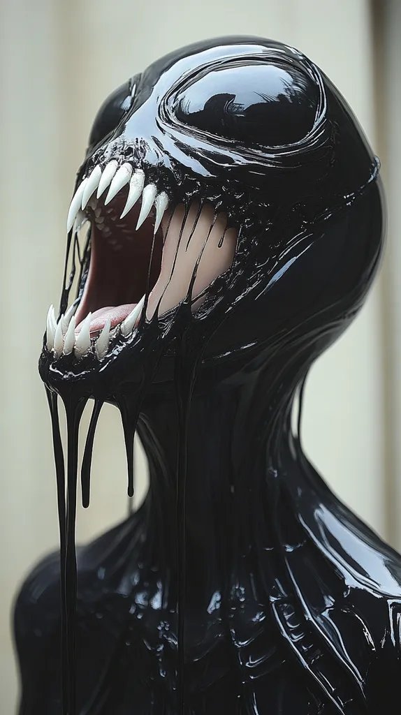 The image depicts a creature with a black, gooey, and dripping exterior. Its head is shaped like an alien with a large, shiny black eye and a wide, gaping mouth filled with sharp, white teeth. The creature's body is covered in black liquid that flows down its form, giving it a menacing and otherworldly appearance. The creature's expression is one of hunger and aggression, with its mouth wide open and its teeth bared. The image is likely from a science fiction or horror context.