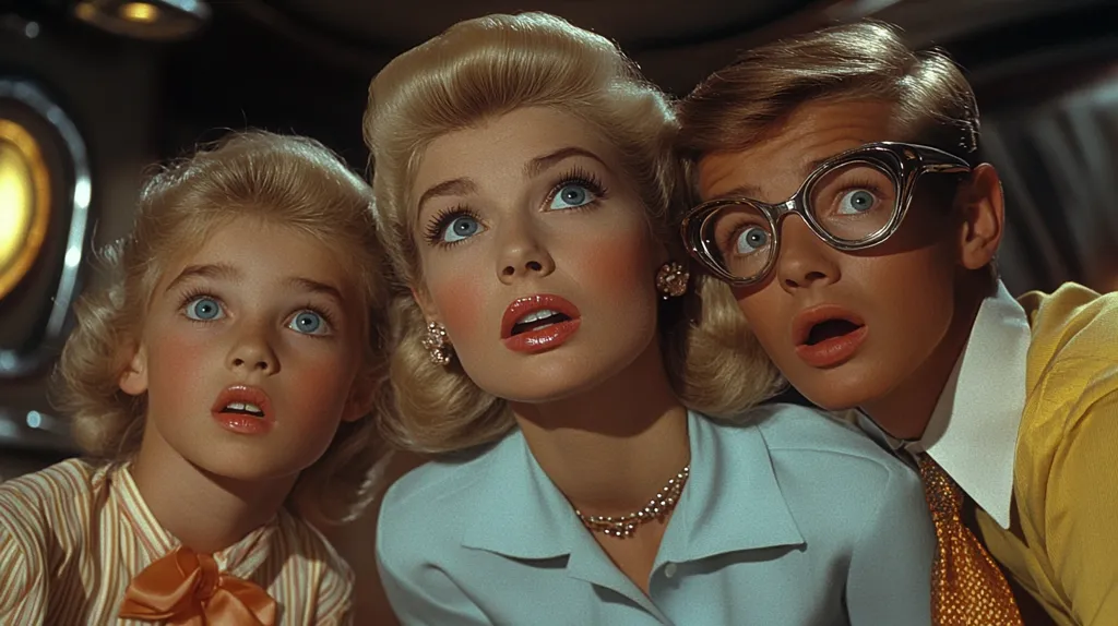 Three people, a young girl, a young woman and a young man, are looking upwards with mouths agape in surprise or shock. The woman has her blonde hair styled in a 50s updo, while the girl's hair is slightly curled. The young man is wearing large, round glasses and a yellow sweater over a white shirt.  The scene is likely from a film, as the lighting is artificial and the characters' expressions are dramatic.