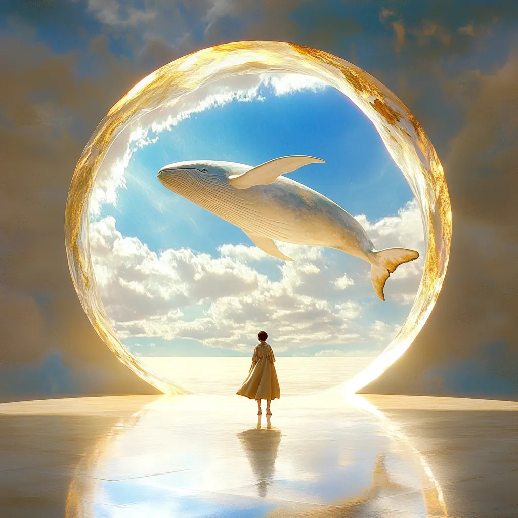 A woman stands before a large, golden, circular portal. Through the portal, a white whale leaps through a blue sky with fluffy white clouds. The scene is surreal and dreamlike, suggesting a passage to another world. The woman's light-colored dress and the whale's white form blend with the ethereal landscape, creating a sense of wonder and possibility.