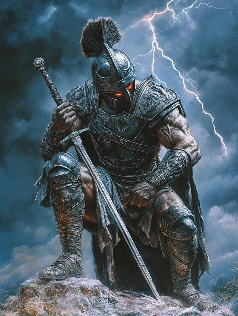 A lone warrior, clad in dark armor, kneels upon a rocky outcrop. His helmet conceals his face, except for burning red eyes that stare intently forward. He holds a silver sword, its blade gleaming against the stormy sky. Lightning strikes in the distance, illuminating the dramatic scene.  He appears weary yet resolute, a guardian standing against the elements.