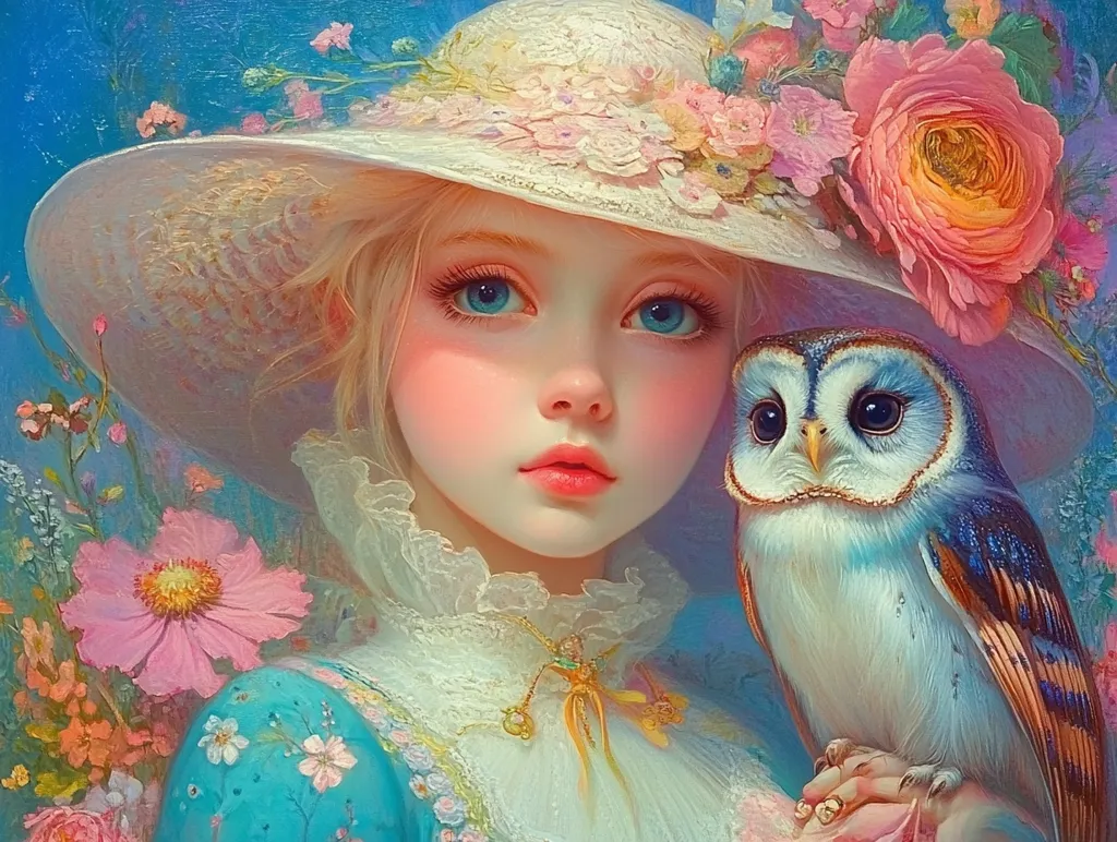 A young girl with blonde hair and blue eyes, wearing a white hat with pink flowers and a delicate white lace dress, holds a blue and white owl. Her rosy cheeks and soft lips are framed by a delicate floral wreath around her hat. The background is a blurred blue and pink, with flowers and greenery. The painting is filled with a sense of innocent beauty and wonder.