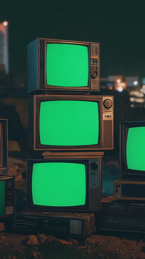 A stack of vintage television sets, all with green screens, sit in a dimly lit room. The televisions are stacked on top of each other, with a smaller television at the bottom. They are all dusty and show signs of wear and tear, but still functional. The image is reminiscent of a retro aesthetic, with a sense of nostalgia and the passing of time.