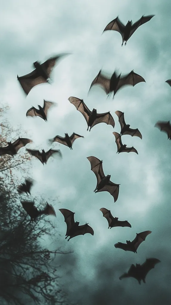 A flock of bats fly in formation against a cloudy sky. The bats are silhouetted against the light, their wings spread wide.  The sky is a muted blue-grey, with wispy clouds moving across the frame. The bats appear to be flying towards the viewer, creating a sense of movement and energy. The image evokes a sense of mystery and wonder, as the bats seem to be part of an unseen world.