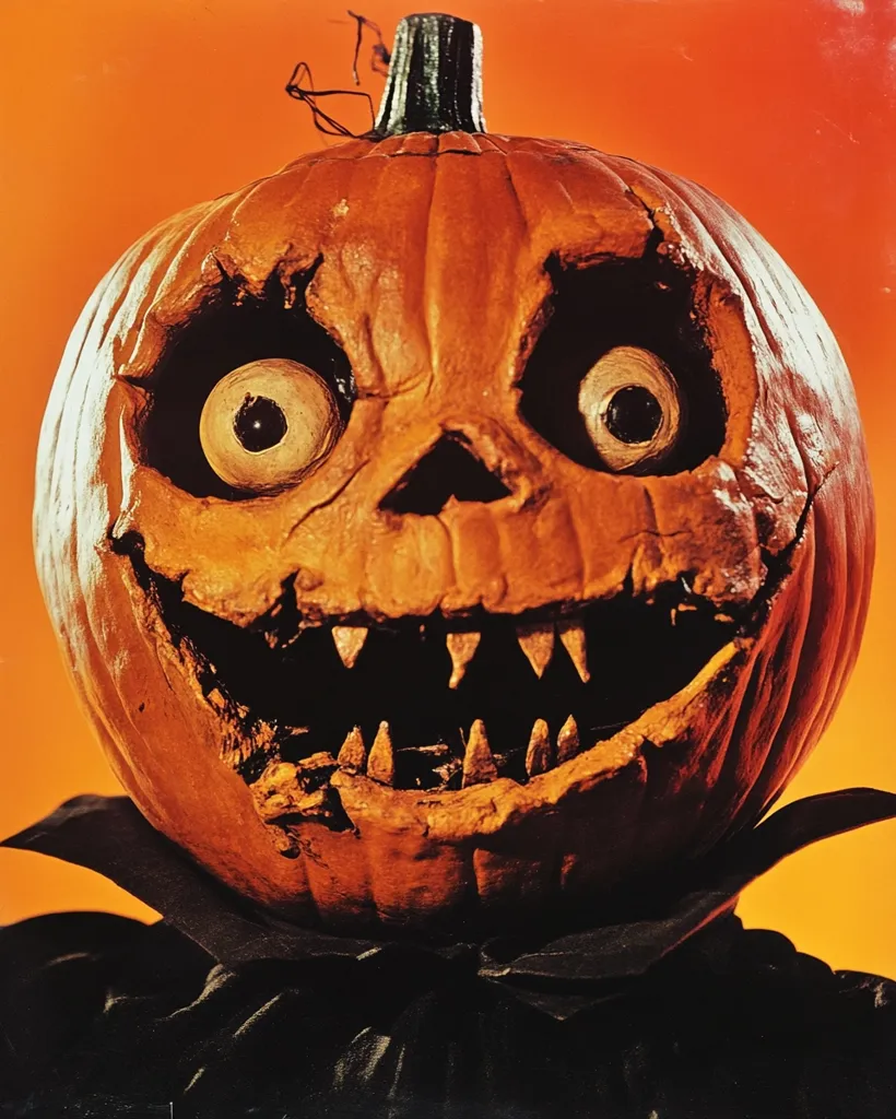 A close-up of a carved pumpkin with a menacing grin and large, round eyes. The pumpkin's orange skin is wrinkled and textured, adding to its eerie appearance. It's wearing a black collar and stands against an orange background, creating a spooky and Halloween-themed image.