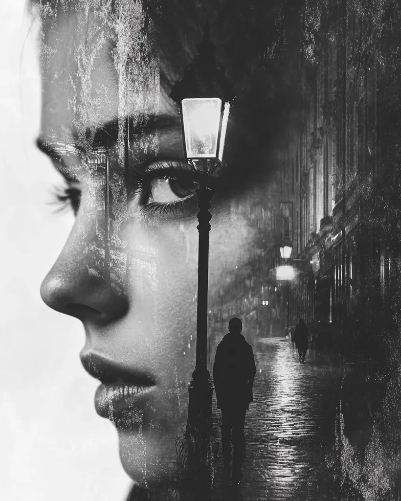 A black and white photo of a woman's face superimposed over a street scene.  The woman's eye appears to be replaced by a glowing street lamp. A lone figure walks in the distance.  The image is heavily textured, adding to the ethereal and mysterious mood.
