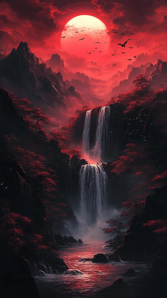 A majestic waterfall cascades down a rocky cliff face, flowing into a crimson river. The scene is bathed in an ethereal red light emanating from a large, full moon high in the sky.  Silhouettes of birds fly through the air, adding to the mystical ambiance. The image evokes a sense of tranquility and wonder.