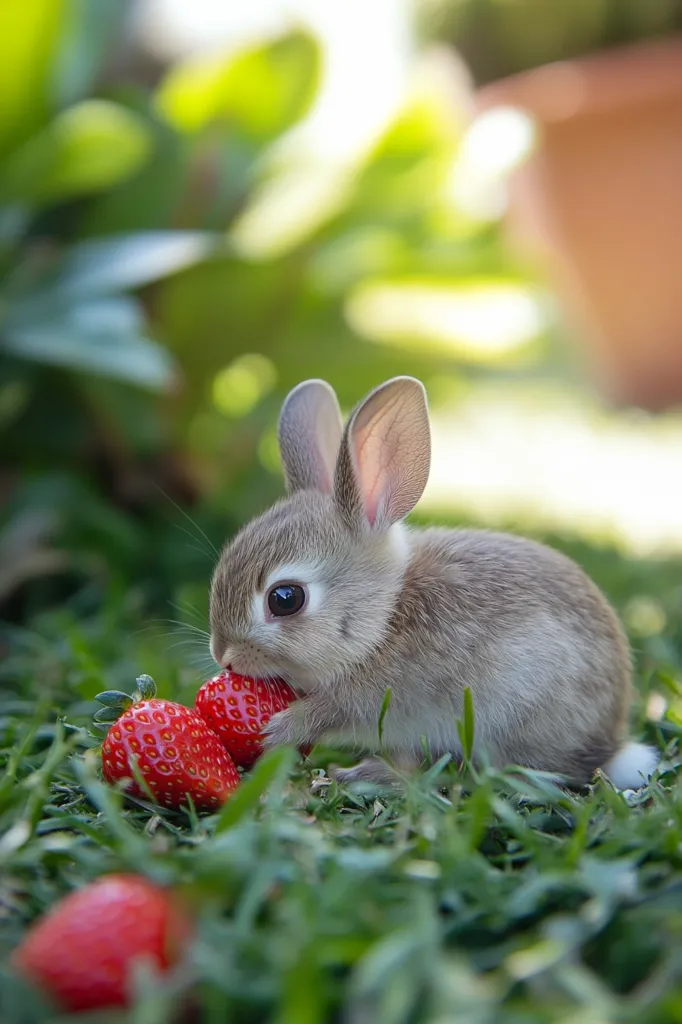 A small, gray bunny sits in a field of green grass, eating a bright red strawberry. Two more strawberries are visible in the foreground, one partially obscured by the grass. The bunny's fur is soft and fluffy, and its ears are long and perky. The image is taken at a low angle, giving the viewer a close-up perspective of the bunny's face and the strawberries. The background is blurred, creating a sense of depth and focus on the bunny. The image evokes a sense of cuteness and innocence.