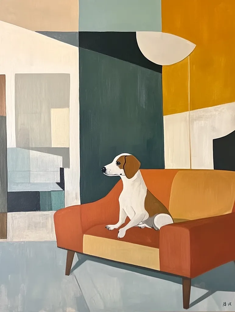 A white and brown dog sits on a red and yellow armchair in a room with geometric walls. The walls are painted in shades of brown, green, yellow and white, creating a minimalist and modern aesthetic. The dog is looking to the left of the image. The scene is rendered in a flat, illustrative style.