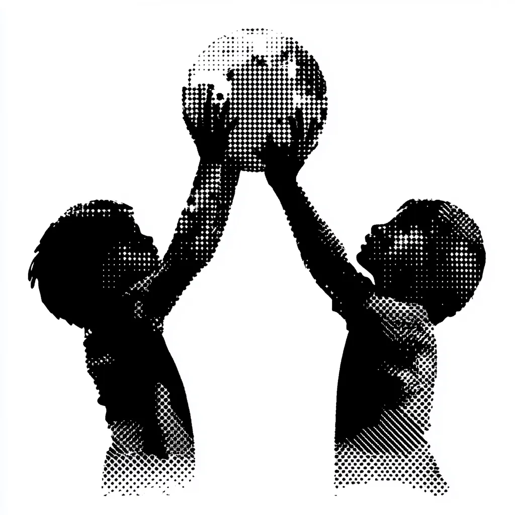 The image depicts a silhouette of two children, a boy and a girl, reaching up towards a large globe in the middle of the picture. The image is stylized with a halftone pattern. The children's silhouettes are a little blurry but their bodies are positioned in a way that emphasizes their reach for the globe.