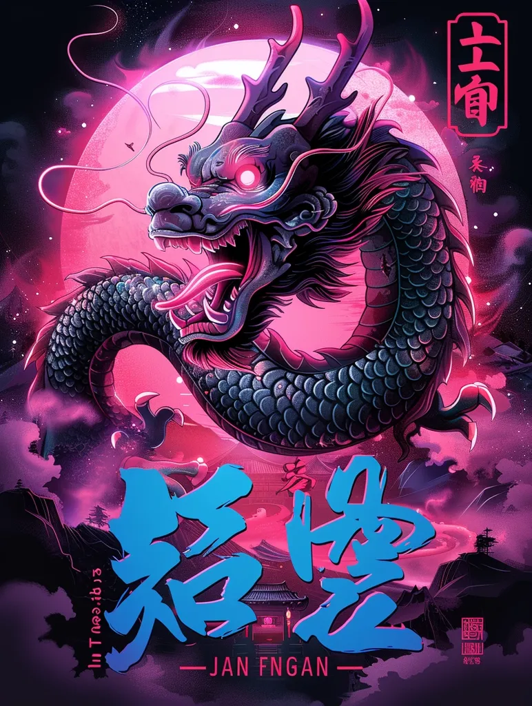 A fierce, blue dragon with glowing red eyes is coiled around a bright pink moon, set against a purple and black night sky. The dragon's mouth is open in a roar, and the image is filled with swirling clouds and Chinese characters.  The words "JAN FNGAN" are prominently displayed at the bottom, along with a series of other Chinese characters. The image is filled with energy and power, and evokes a sense of ancient mythology and legend.