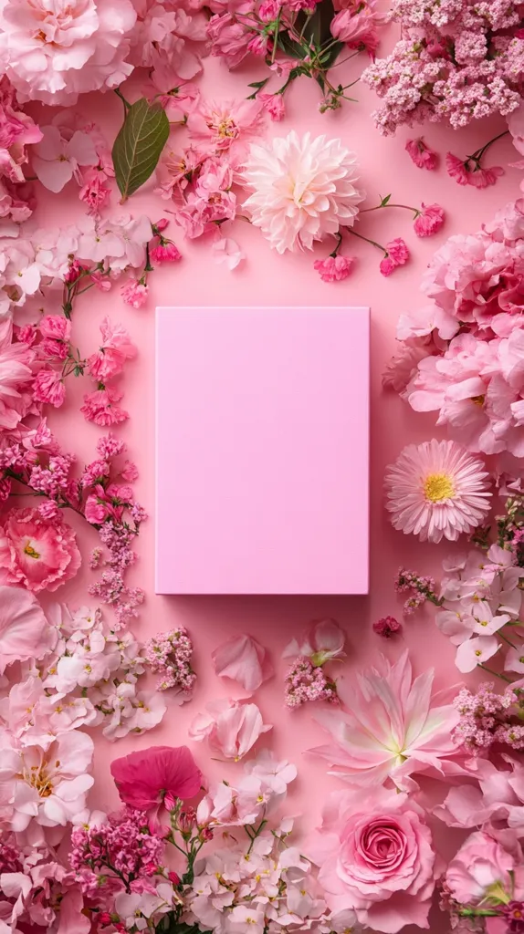 A pink, square box sits in the center of a pink background.  It is surrounded by soft, pink blossoms and petals, creating a delicate and feminine scene. The arrangement of the flowers adds a sense of elegance and beauty to the composition.  The pink tones are consistent and create a dreamy, romantic atmosphere.  The overall effect is one of sweetness and grace.