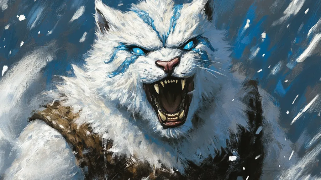 The image is a close-up painting of a white feline with blue markings. The feline is depicted with its mouth open, revealing sharp teeth, and bright blue eyes. The background is a blurred blue and white, suggesting a snowy environment. The painting captures the feral energy and predatory nature of the animal. The loose, textured brushstrokes create a sense of movement and energy, adding to the overall feeling of wildness and danger.