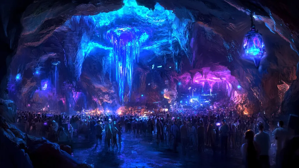 The image shows a large cavernous space, illuminated by an ethereal blue light emanating from the ceiling. The cavern is filled with people, many of whom are dancing and celebrating. There are also several large stalactites hanging from the ceiling, and a glowing blue object hanging in the middle of the cave. The overall atmosphere is one of excitement and wonder.