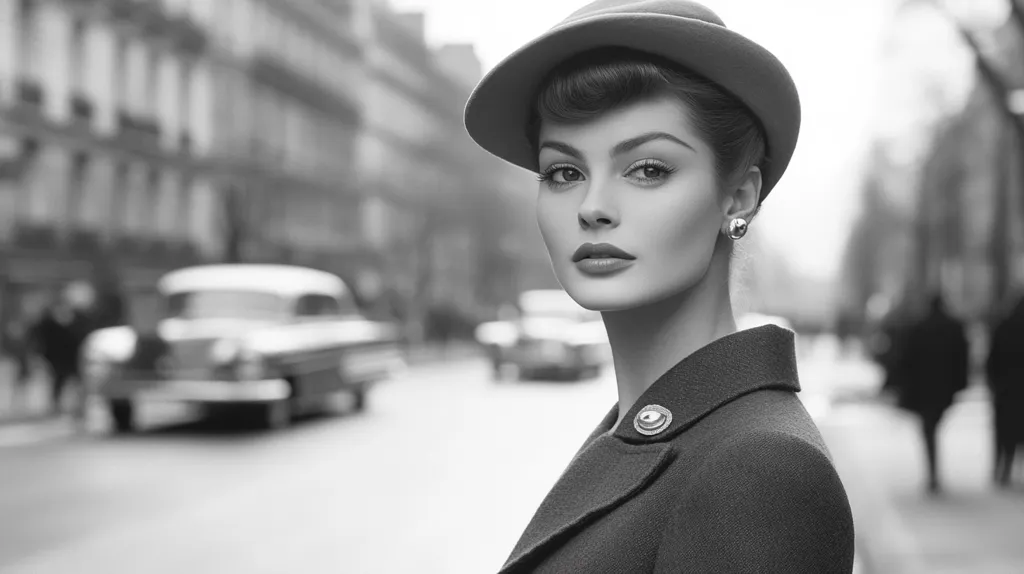 A black and white portrait of a woman with a stylish hat and a fur coat standing in a city street. The woman has a serious expression on her face. Cars are passing by in the background. The image has a classic, vintage feel.  The lighting is soft and the composition is simple. The woman's piercing gaze draws the viewer in.