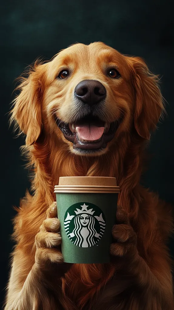 A golden retriever dog is holding a Starbucks cup with its paws. The dog is looking at the camera with a happy expression. It is holding the cup in front of its face, and the Starbucks logo is visible. The dog's fur is a rich golden brown, and its eyes are a bright brown. The background is a dark green. The photo is a humorous and heartwarming image of a dog enjoying a cup of coffee.
