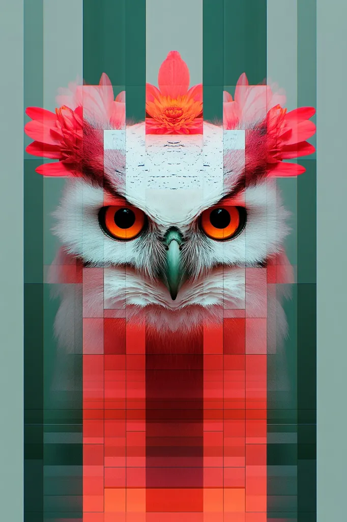 The image is a digital art piece featuring an owl's face, rendered in a pixelated style.  The owl has large, bright orange eyes and a white, feathery face. Its head is adorned with a crown of red flowers. The background is a grid of alternating green and red squares. The pixelated effect creates a sense of both whimsy and digitality, evoking a retro video game aesthetic.