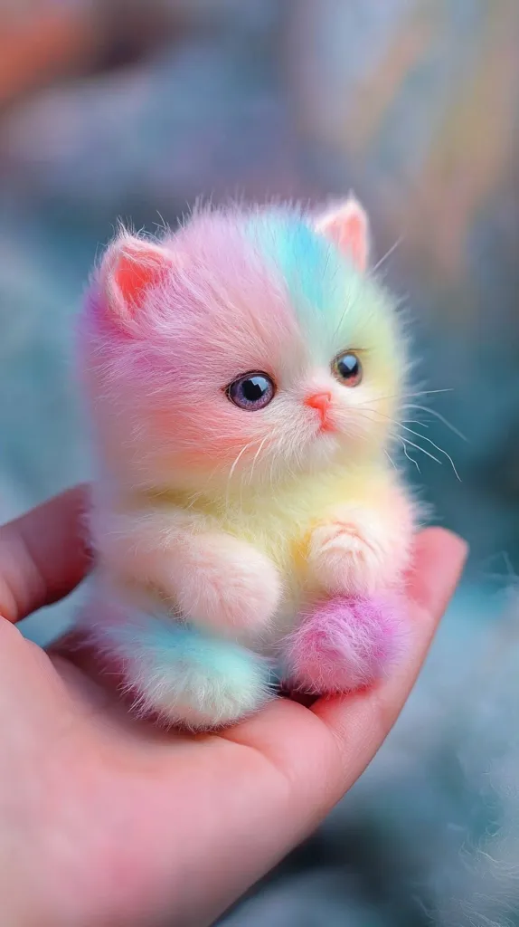 A small, fluffy kitten with rainbow-colored fur sits in a hand. It's a vibrant and whimsical image, capturing the innocence and cuteness of a baby cat. The kitten's eyes are large and blue, and its expression is curious and gentle. The colors of the fur are pastel and soft, creating a dreamy and ethereal atmosphere. The image evokes a feeling of joy and wonder, and it's sure to bring a smile to anyone's face.