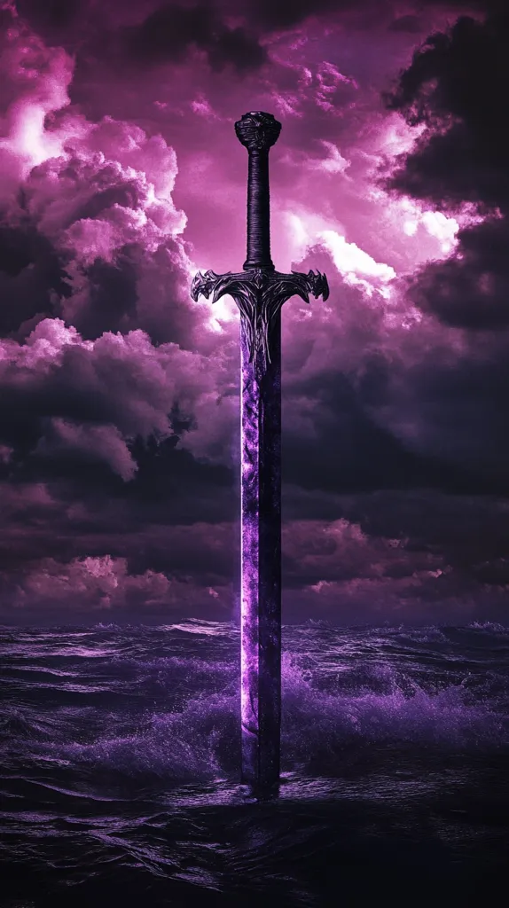 A large, ornate sword stands upright in a dark, stormy sea. The sword is made of dark metal, but it glows with a vibrant purple light. The sea is choppy and turbulent, with waves crashing against the sword. The sky above is filled with dark, stormy clouds, and the air is heavy with the smell of rain. The scene is both powerful and ominous, suggesting a coming battle or some other momentous event.
