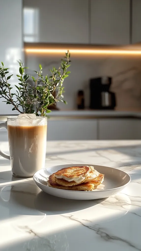 A simple breakfast scene with a cup of iced coffee and a plate of three fried, fluffy, round pancakes topped with a dollop of whipped cream. They sit on a white marble countertop with a small potted plant nearby. The image is lit with warm, natural light from a window.  The background is a blurred white kitchen with a coffee maker.