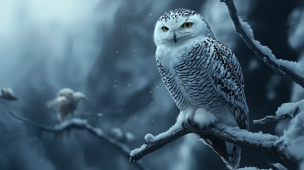 A snowy owl perches on a snow-covered branch in a wintery forest. The owl's white and black plumage blends with the snowy background, creating a sense of tranquility and solitude. The owl's piercing yellow eyes stare intently into the distance, suggesting a watchful and alert presence. Light snow falls softly, adding to the atmospheric and serene scene.