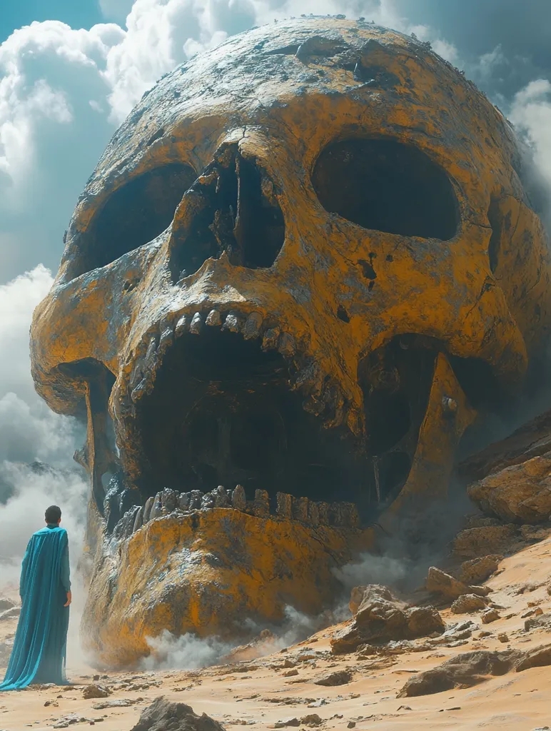 A lone figure in a blue cloak stands before a colossal, weathered skull, its open maw an abyss against the cloudy sky. The skull's yellowed bone is juxtaposed by the sandy desert landscape, creating a scene of immense scale and stark beauty. The figure appears dwarfed by the immense skull, highlighting its imposing presence. The image is evocative of a world of ancient secrets and forgotten civilizations.