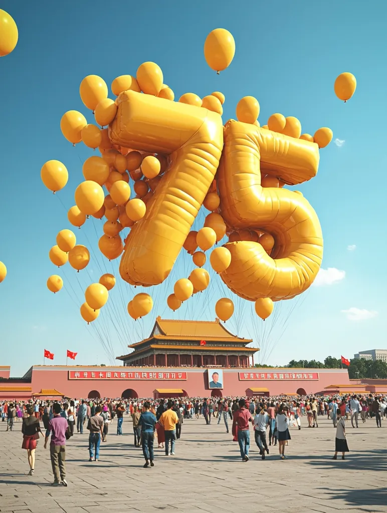A large crowd gathers in Tiananmen Square in Beijing, China, to celebrate the 75th anniversary of the People's Republic of China. The sky above is filled with hundreds of yellow balloons, shaped to form the numbers "75". The iconic Gate of Heavenly Peace stands in the background. The scene is a celebration of national unity and pride.