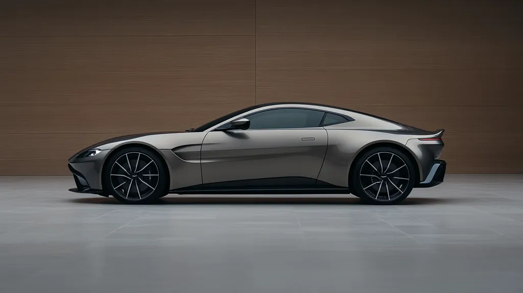 A sleek, silver sports car, possibly an Aston Martin, is parked in a spacious, minimalist setting. The car's sharp lines and low profile are emphasized by the clean, neutral background. The lighting is soft and diffused, creating a subtle interplay of light and shadow on the car's surface. The car's large wheels and blacked-out windows add to its sporty and luxurious appeal.